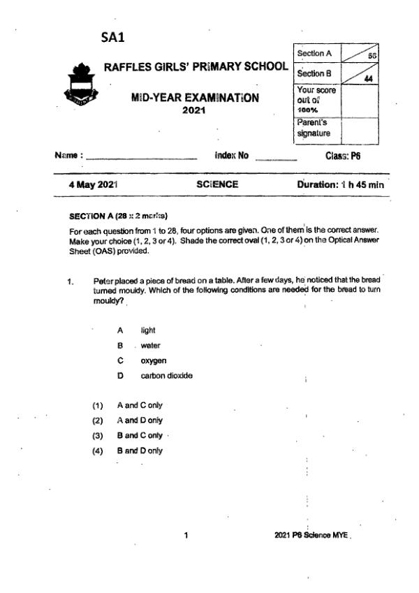 Raffles Girls P6 Sci WA2 2021 exam paper PDF first page preview