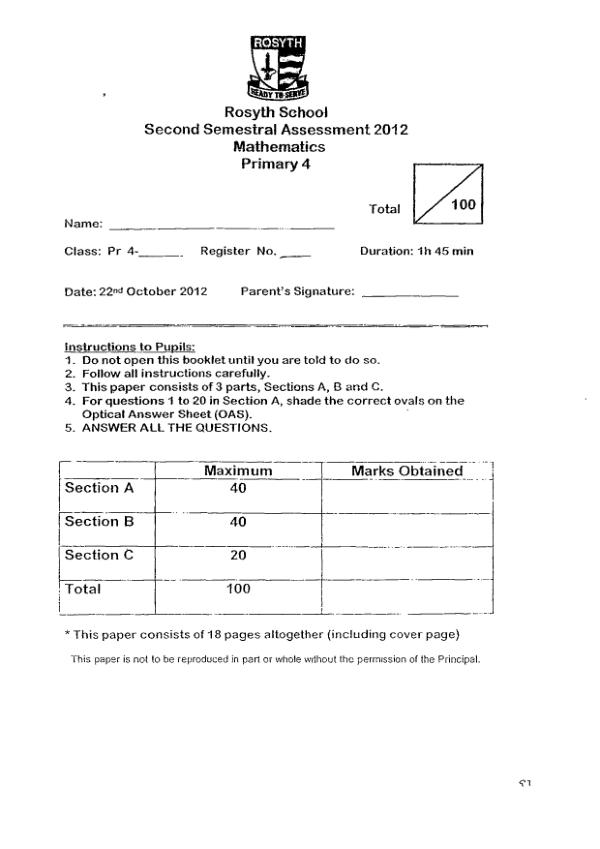Rosyth P4 Math SA2 2012 exam paper PDF preview