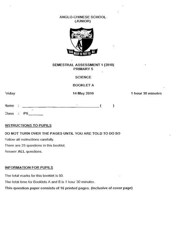 Anglo Chinese P5 Sci WA2 2010 exam paper PDF preview