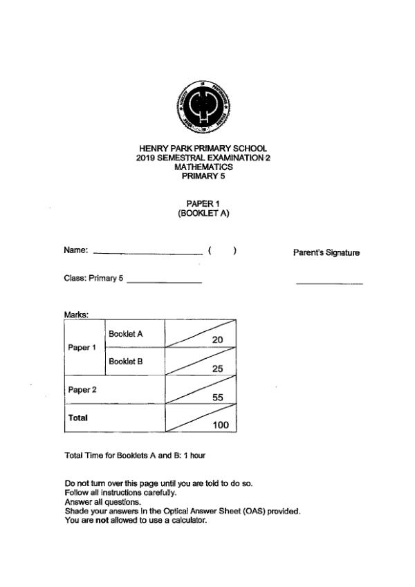 First page preview of P5 Math 2019 SA2 — Henry Park