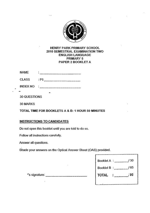 Henry Park P5 Eng SA2 2010 exam paper PDF preview