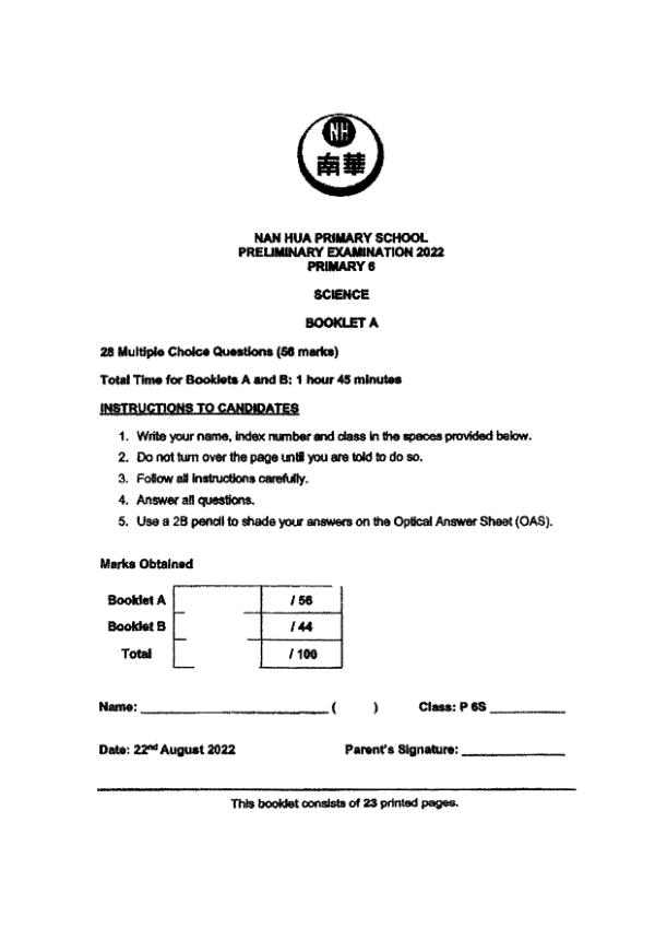 Nan Hua P6 Sci SA2 2022 exam paper PDF preview
