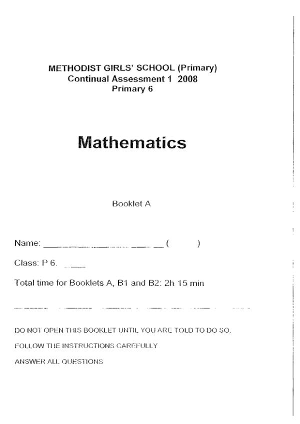 Methodist Girls P6 Math WA1 2008 exam paper PDF preview