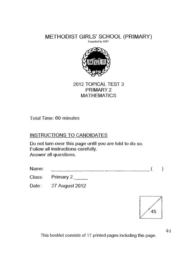 Methodist Girls P2 Math WA3 2012 exam paper PDF first page preview