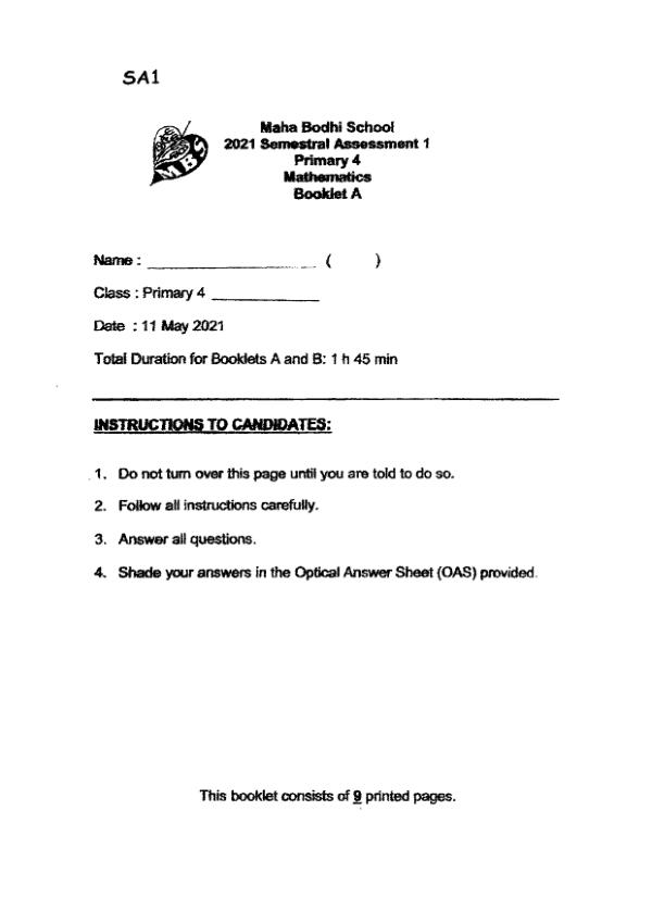 First page preview of P4 Math 2021 WA2 — Maha Bodhi