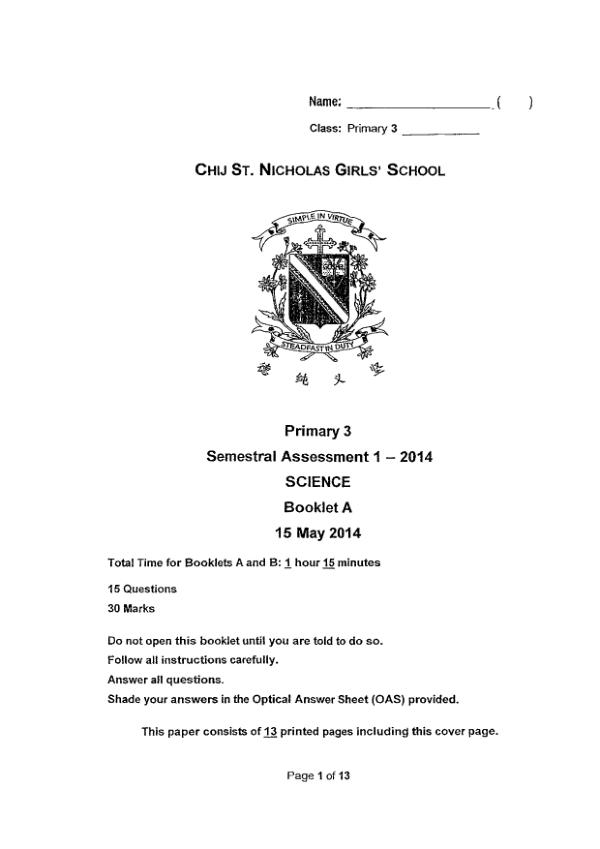 CHIJ P3 Sci WA2 2014 exam paper PDF preview