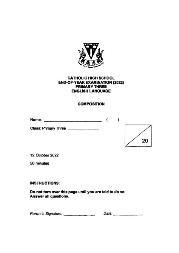 Catholic High P3 Eng SA2 2022 exam paper PDF first page preview
