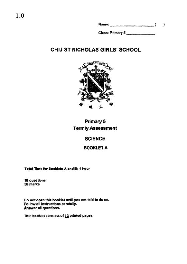 CHIJ P5 Sci WA2 2023 exam paper PDF first page preview