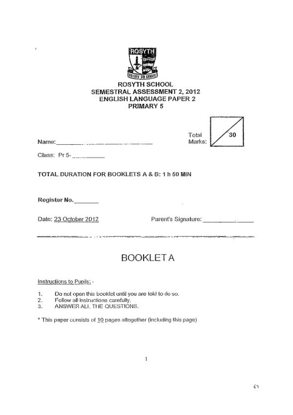 Rosyth P5 Eng SA2 2012 exam paper PDF preview