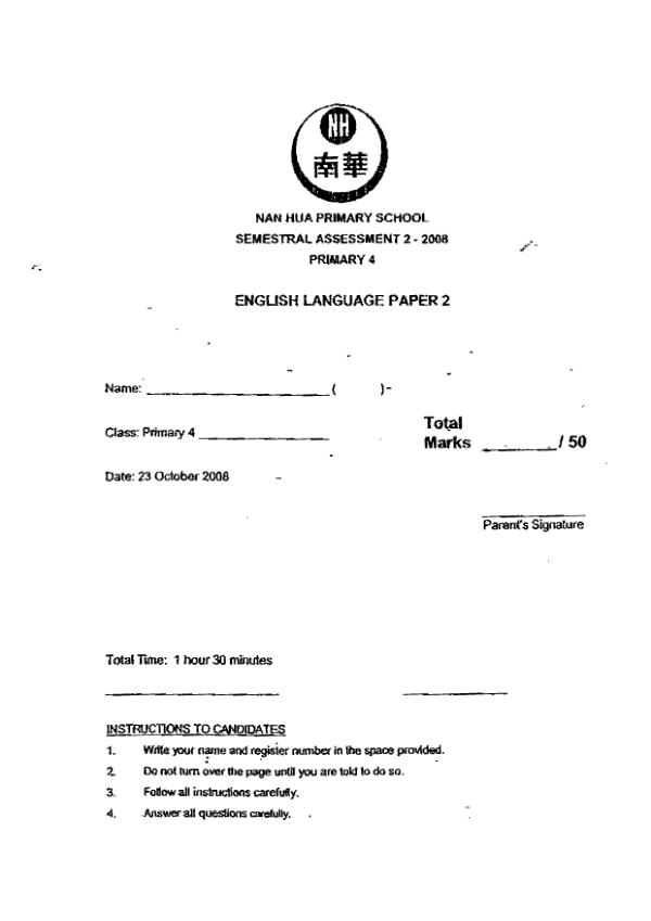 Nan Hua P4 Eng SA2 2008 exam paper PDF preview