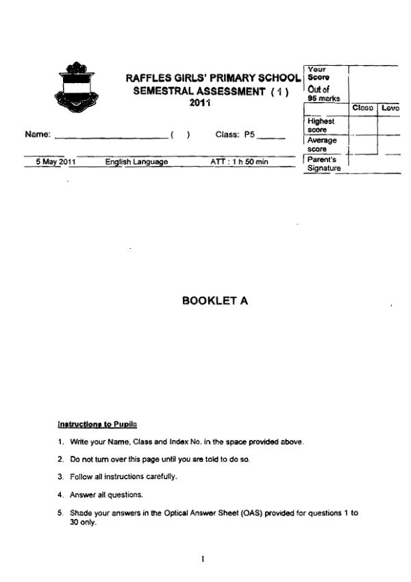 Raffles Girls P5 Eng WA2 2011 exam paper PDF preview
