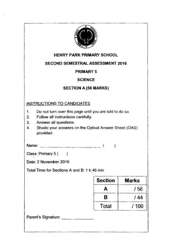 Henry Park P5 Sci SA2 2016 exam paper PDF first page preview