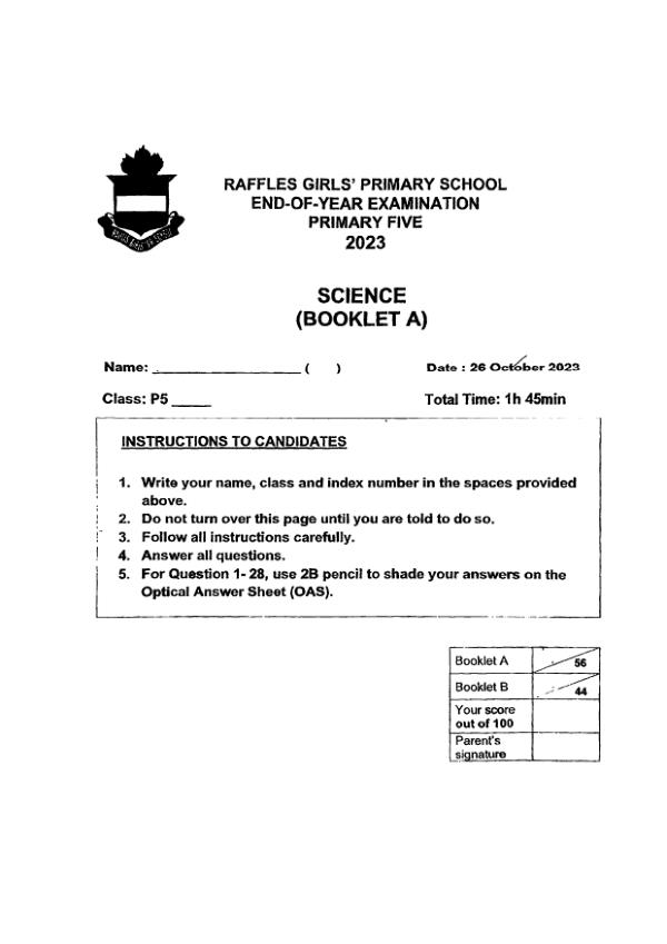 Raffles Girls P5 Sci SA2 2023 exam paper PDF preview