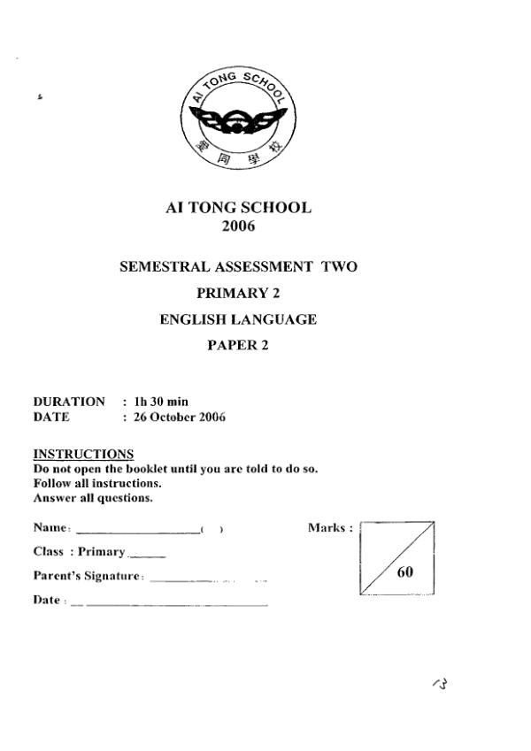 Ai Tong P2 Eng SA2 2006 exam paper PDF preview