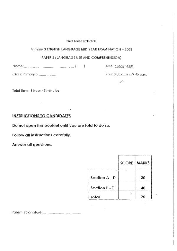Tao Nan P3 Eng WA2 2008 exam paper PDF first page preview