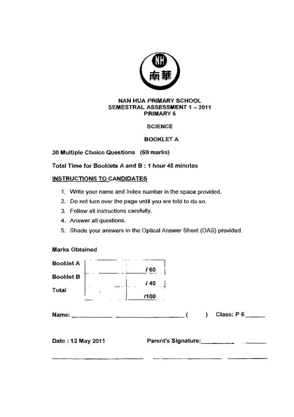 Nan Hua P6 Sci WA2 2011 exam paper PDF preview