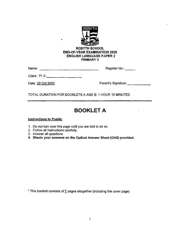 Rosyth P3 Eng SA2 2020 exam paper PDF first page preview