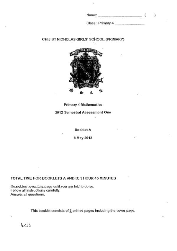 CHIJ P4 Math WA2 2012 exam paper PDF preview
