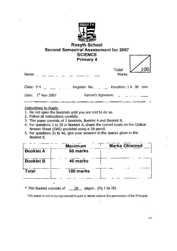 Rosyth P4 Sci SA2 2007 exam paper PDF preview