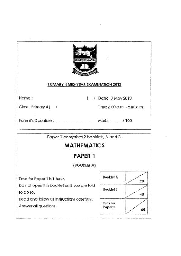 Tao Nan P4 Math WA2 2013 exam paper PDF first page preview