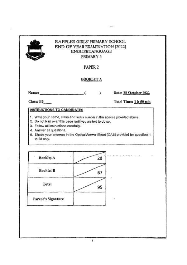 Raffles Girls P5 Eng SA2 2022 exam paper PDF first page preview