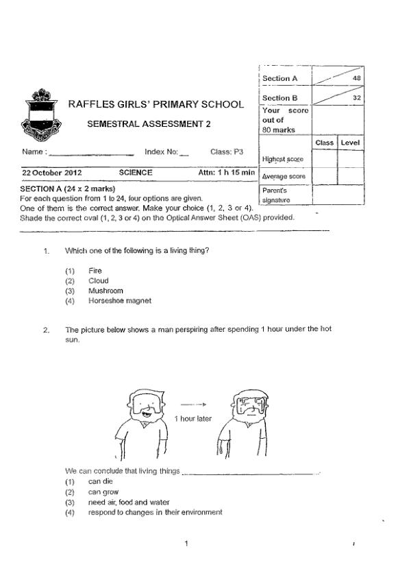 Raffles Girls P3 Sci SA2 2012 exam paper PDF preview