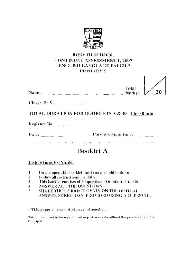 Rosyth P5 Eng WA1 2007 exam paper PDF preview