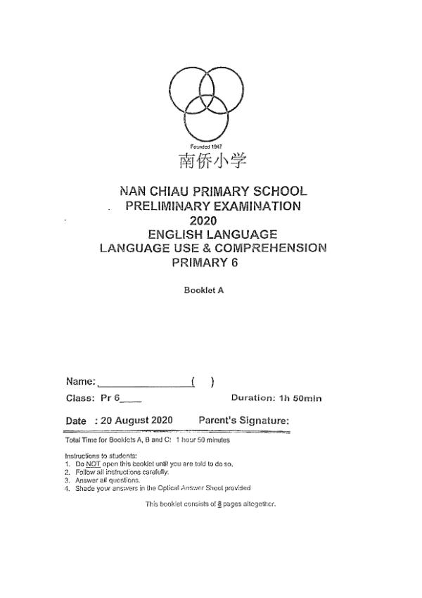 Nan Chiau P6 Eng SA2 2020 exam paper PDF preview