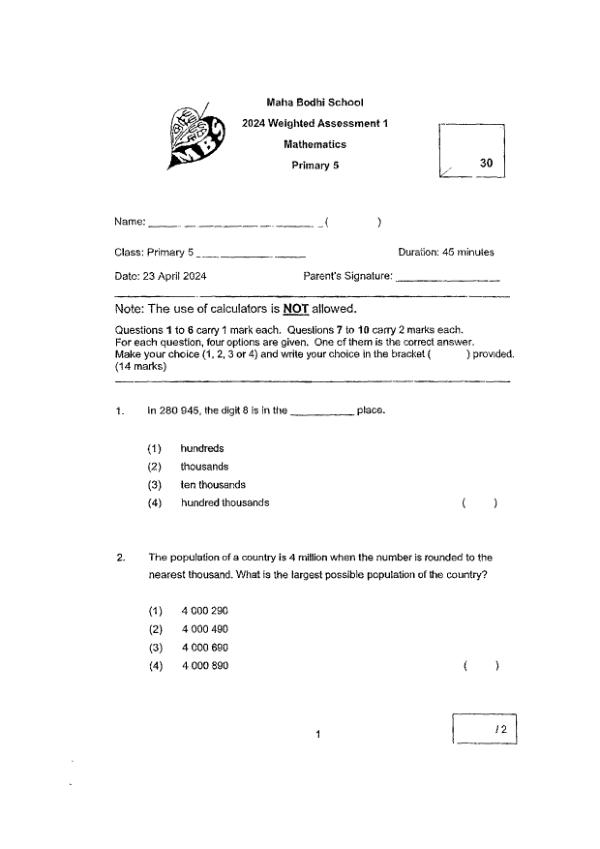First page preview of P5 Math 2024 WA1 — Maha Bodhi