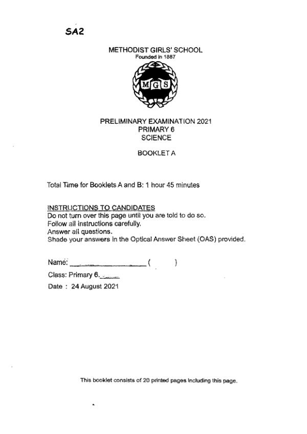 Methodist Girls P6 Sci SA2 2021 exam paper PDF preview