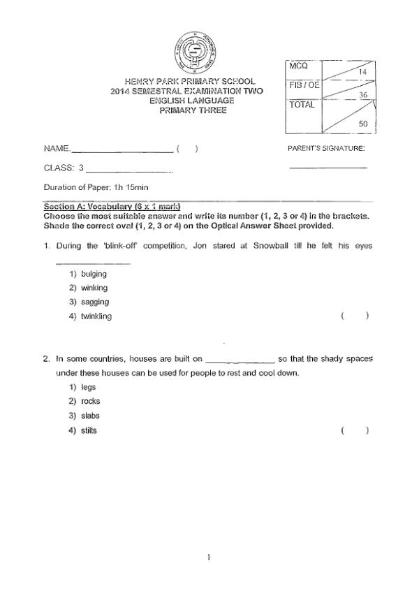 Henry Park P3 Eng SA2 2014 exam paper PDF first page preview