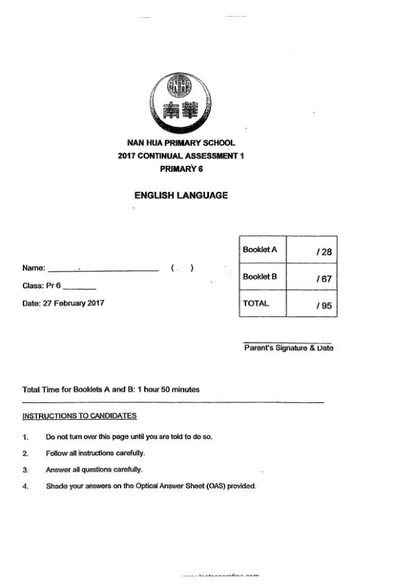 Nan Hua P6 Eng WA1 2017 exam paper PDF preview