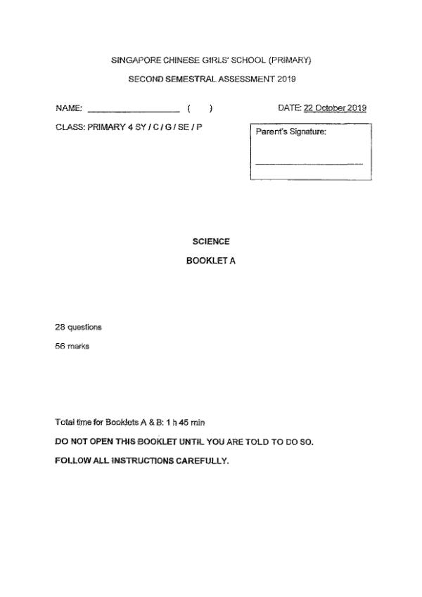 Singapore Chinese Girls P4 Sci SA2 2019 exam paper PDF preview