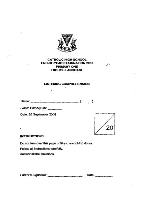 Catholic High P1 Eng SA2 2008 exam paper PDF preview