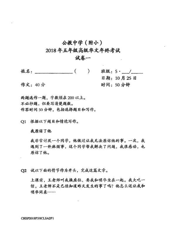 Catholic High P5 Chi SA2 2018 exam paper PDF first page preview