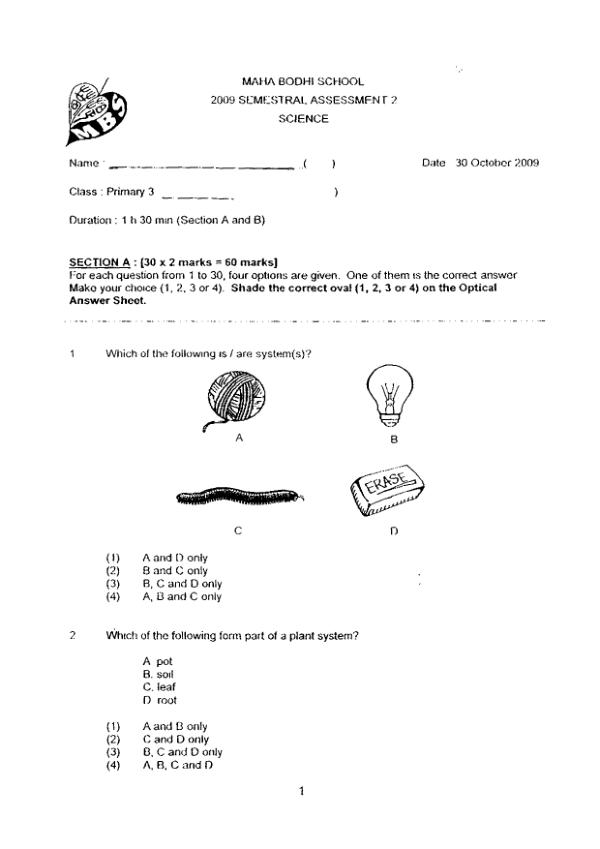 Maha Bodhi P3 Sci SA2 2009 exam paper PDF preview