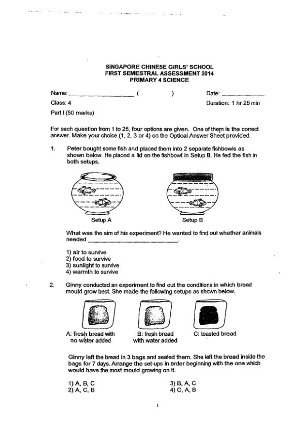 Singapore Chinese Girls P4 Sci WA2 2014 exam paper PDF first page preview