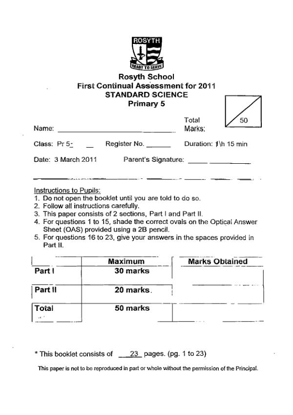 Rosyth P5 Sci WA1 2011 exam paper PDF preview