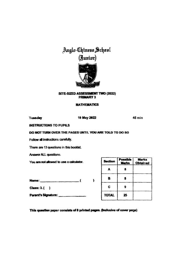 First page preview of P3 Math 2022 WA3 — Anglo Chinese