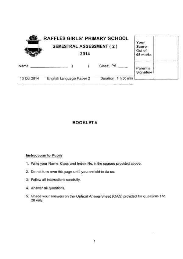 Raffles Girls P5 Eng SA2 2014 exam paper PDF first page preview