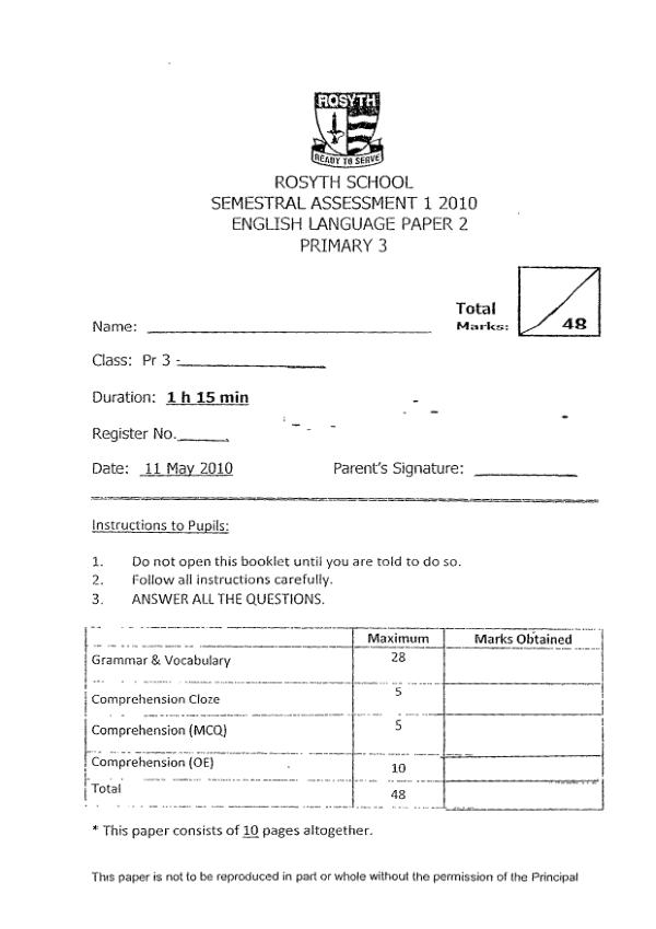 Rosyth P3 Eng WA2 2010 exam paper PDF preview