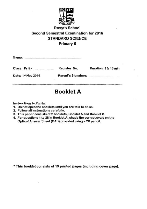 Rosyth P5 Sci SA2 2016 exam paper PDF preview