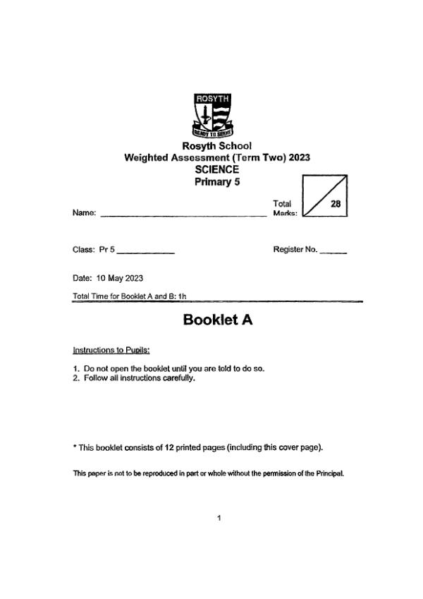 Rosyth P5 Sci WA3 2023 exam paper PDF first page preview