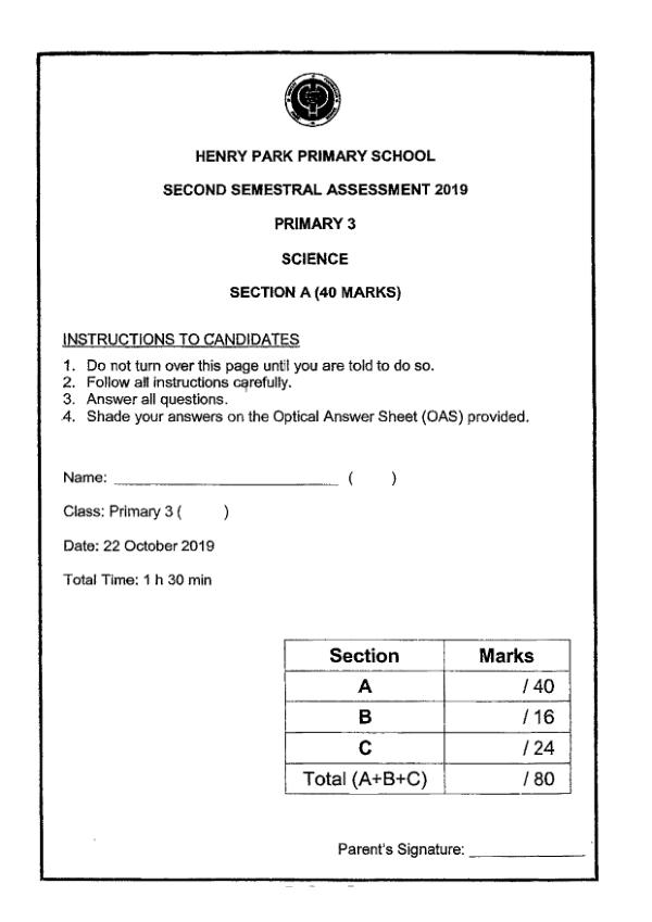 Henry Park P3 Sci SA2 2019 exam paper PDF first page preview