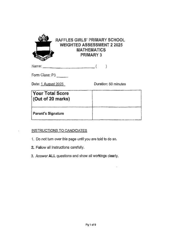 First page preview of P3 Math 2025 WA2 — Raffles Girls