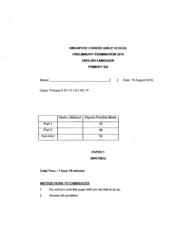 Singapore Chinese Girls P6 Eng SA2 2019 exam paper PDF preview