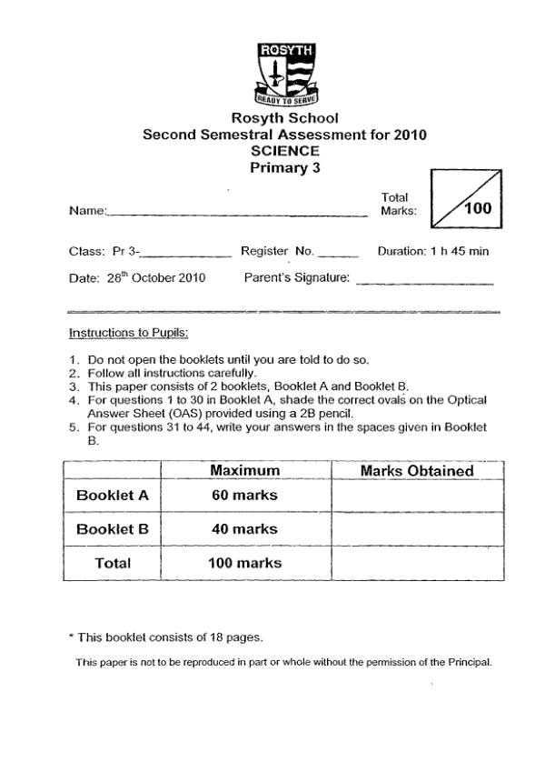 Rosyth P3 Sci SA2 2010 exam paper PDF preview