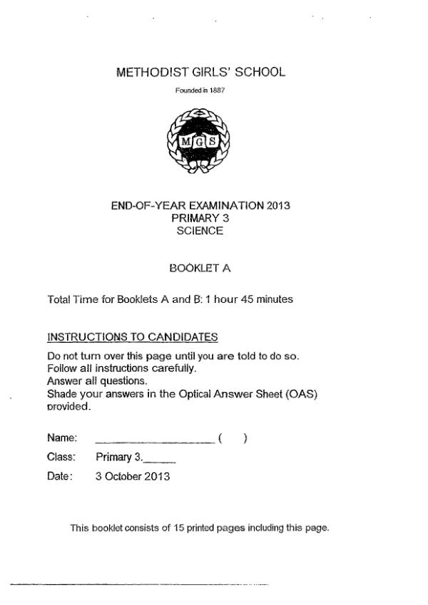 Methodist Girls P3 Sci SA2 2013 exam paper PDF preview
