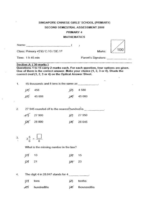 Singapore Chinese Girls P4 Math SA2 2008 exam paper PDF first page preview