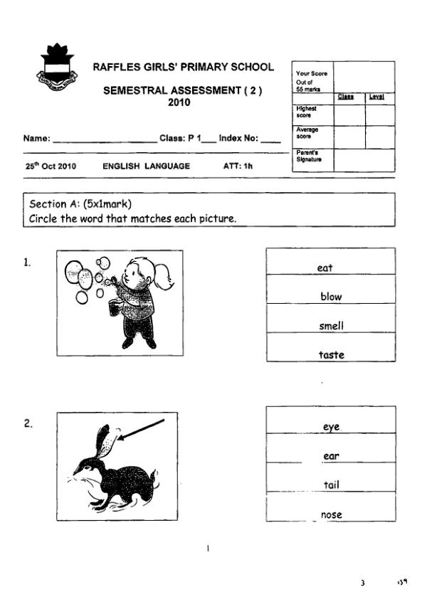 Raffles Girls P1 Eng SA2 2010 exam paper PDF first page preview
